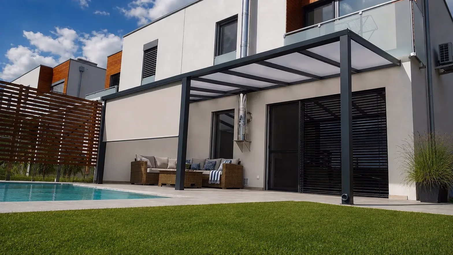 Anthracite Basic Class aluminium pergola by a pool with rattan seating