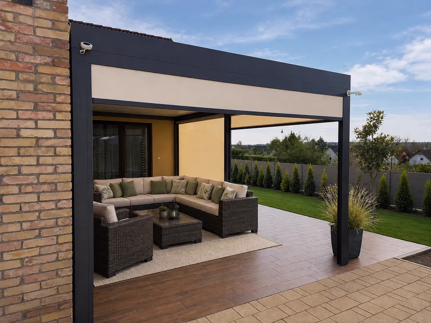 Anthracite aluminium bioclimatic pergola with a retractable screen over a terrace beside a brick house