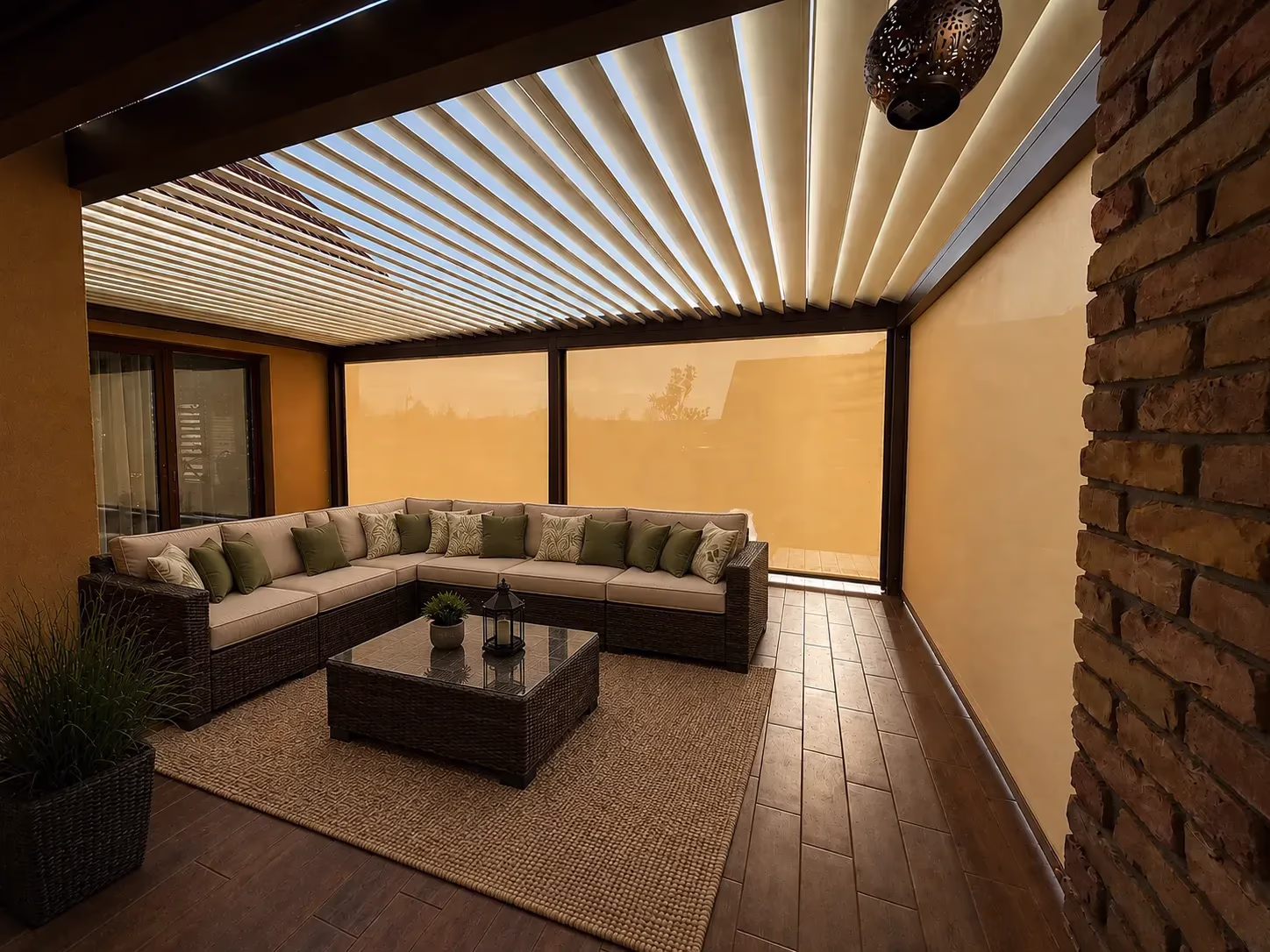 Open aluminium louvres of a bioclimatic pergola with LED backlighting in the evening