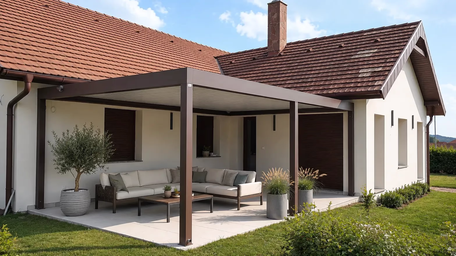Bioclimatic aluminium pergola over a terrace beside a house with a tiled roof