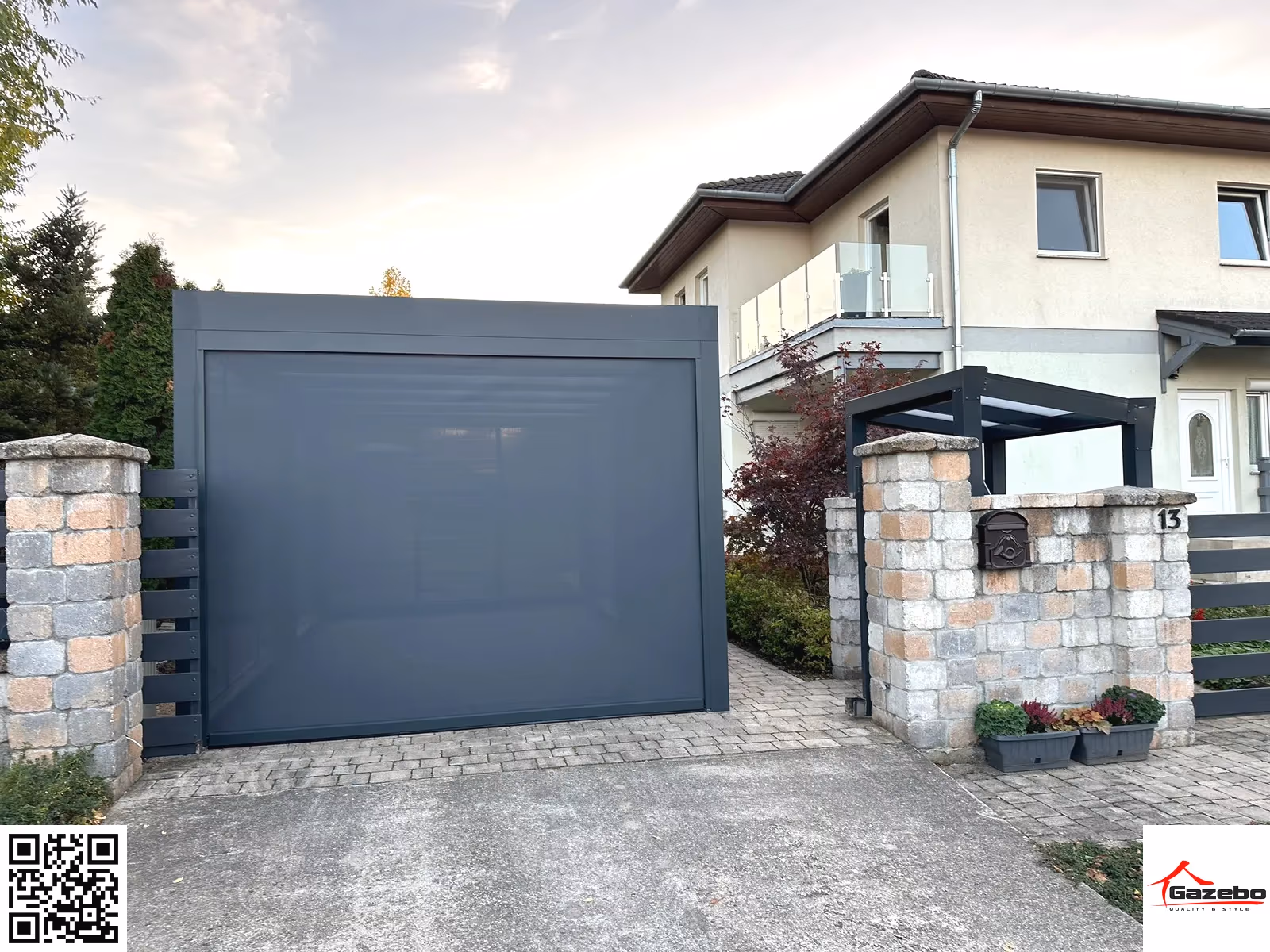 Aluminium carport for two cars in the garden of a family home