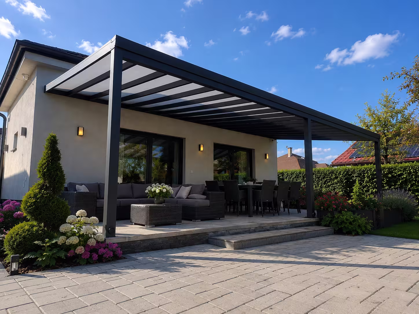 Economic Class aluminium pergola on the terrace of a family home