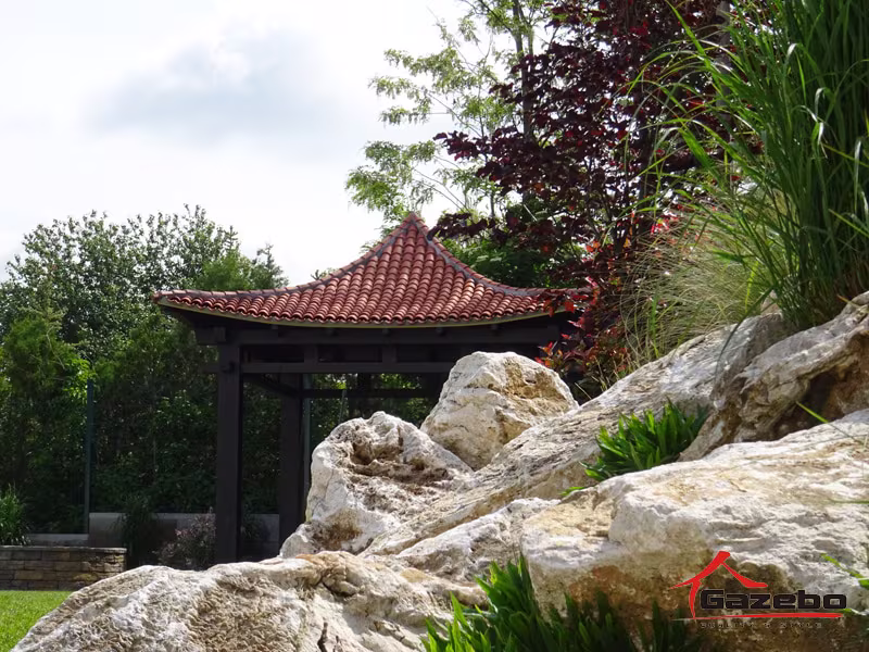 Hinode wooden gazebo among ornamental rocks and grasses