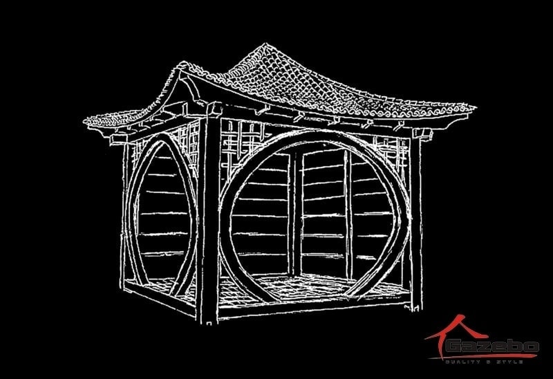 Kawaii wooden garden gazebo — design sketch with a moon gate