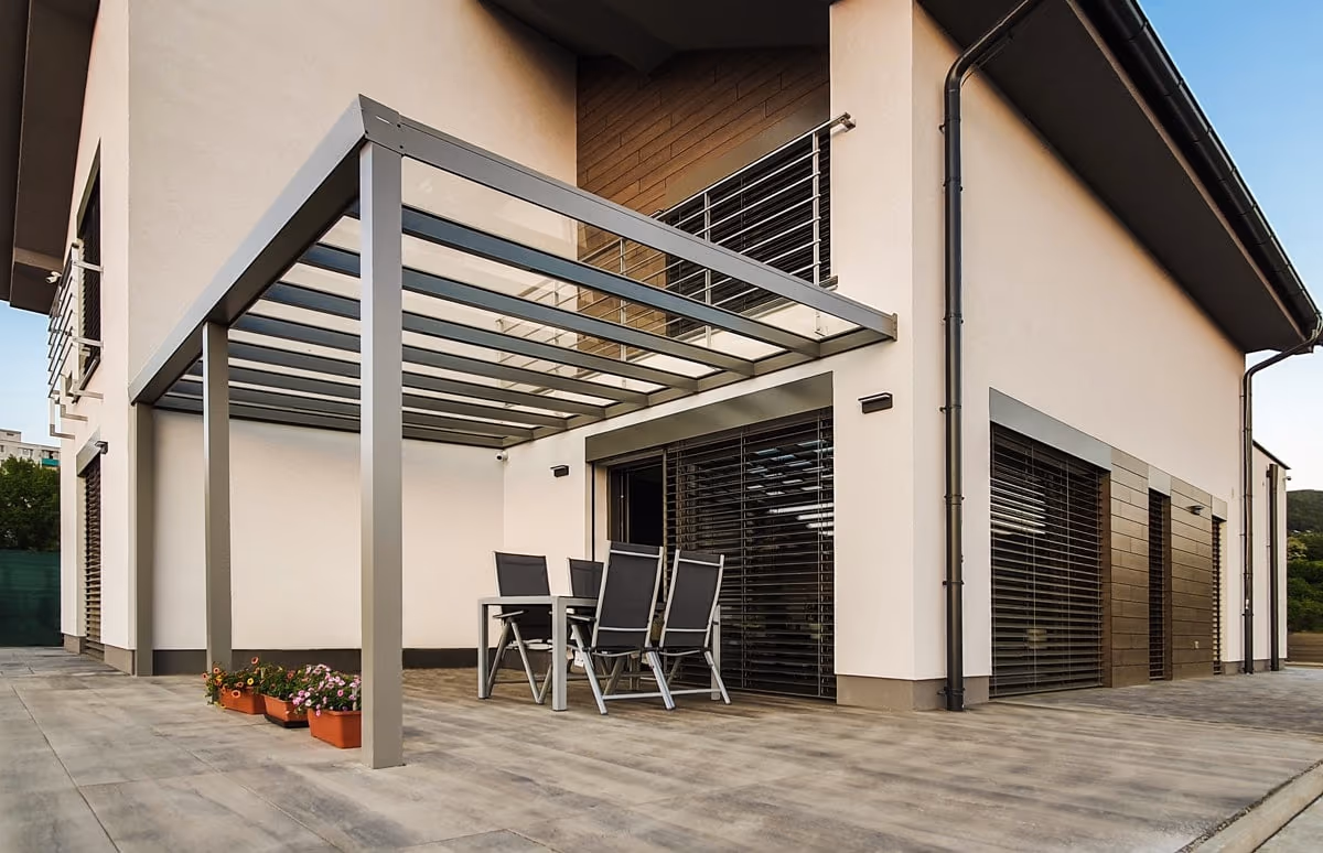 Furnished Top Class aluminium pergola with comfortable lounge sofas