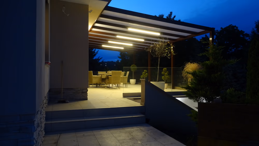 LED lighting integrated into the rafter of the Top Class aluminium pergola
