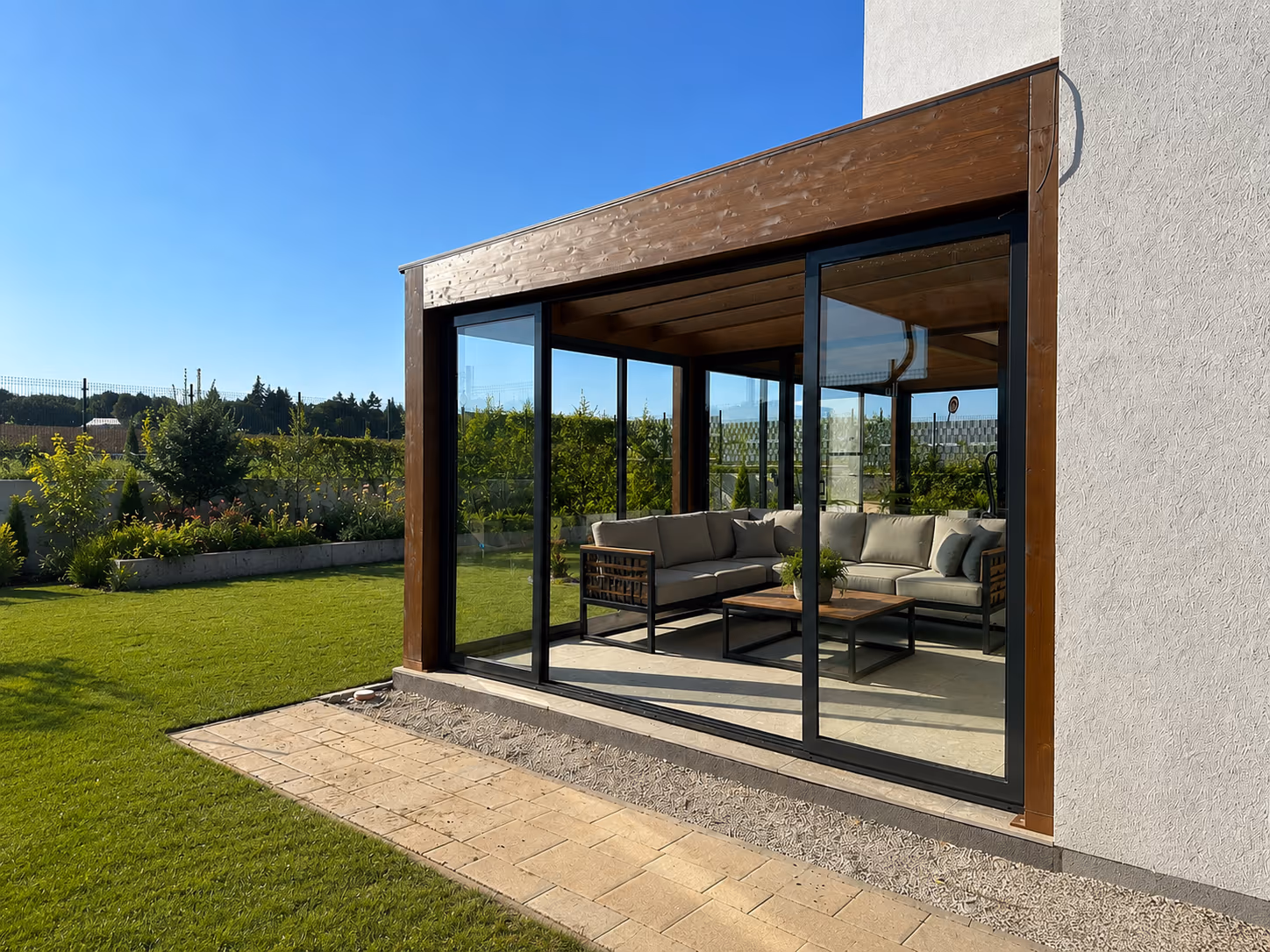 Wood Garden Milano wooden winter garden with seating by a terrace