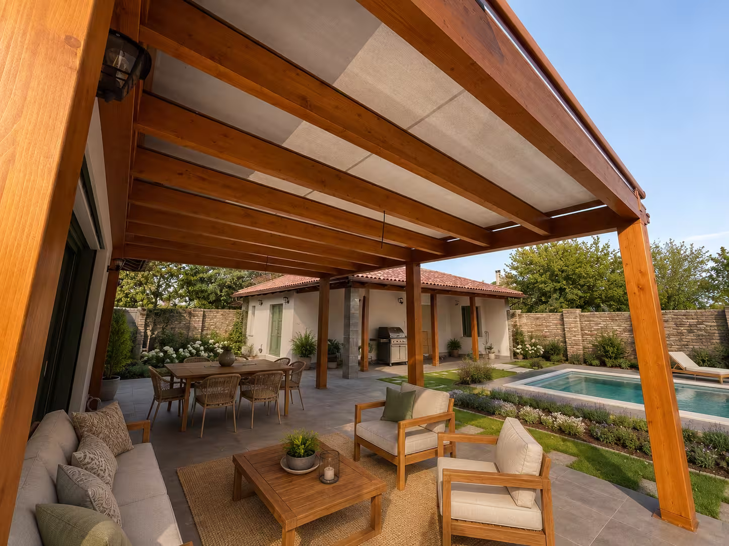 Dimensionally stable structure of the Kartago wooden pergola in laminated timber