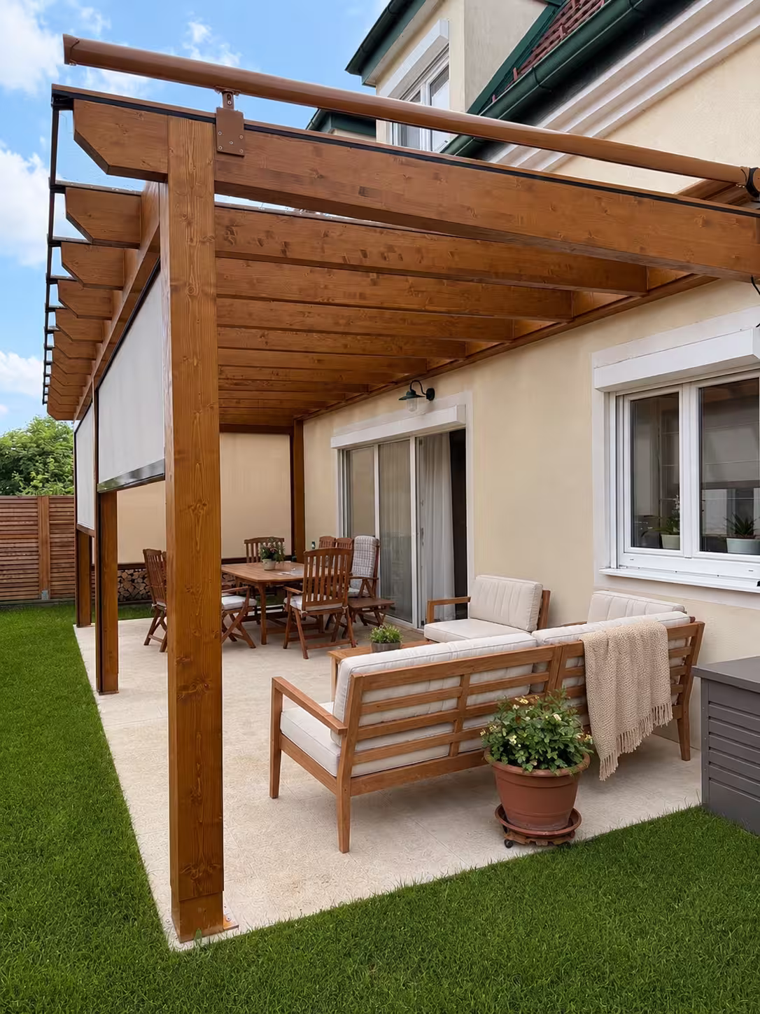 Kartago wooden pergola with screen blinds and garden seating