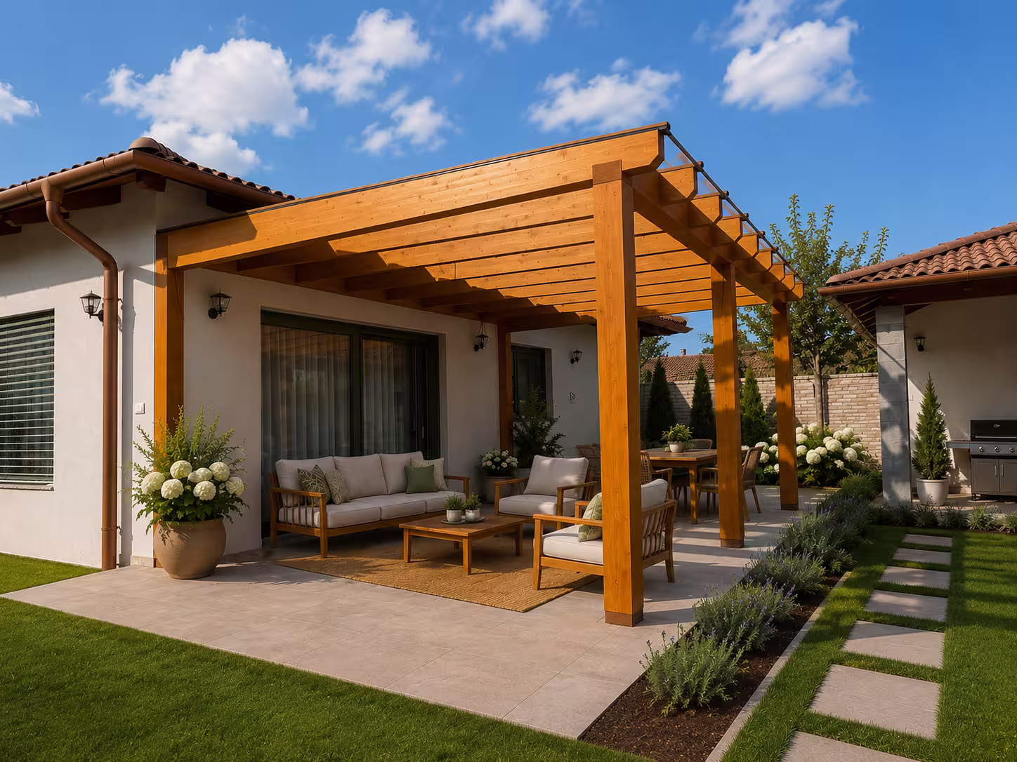 Kartago wooden pergola with a pitched roof over a terrace
