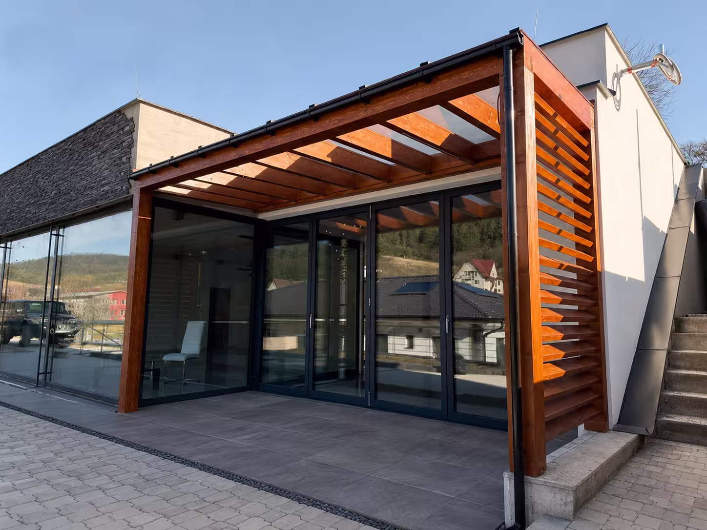 Milano wooden pergola with side louvre shading
