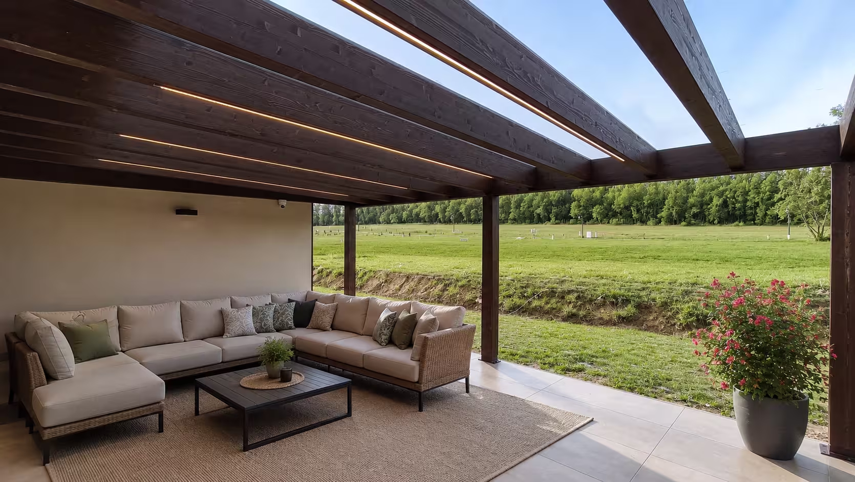 Milano wooden pergola with integrated LED lighting and a corner seating set