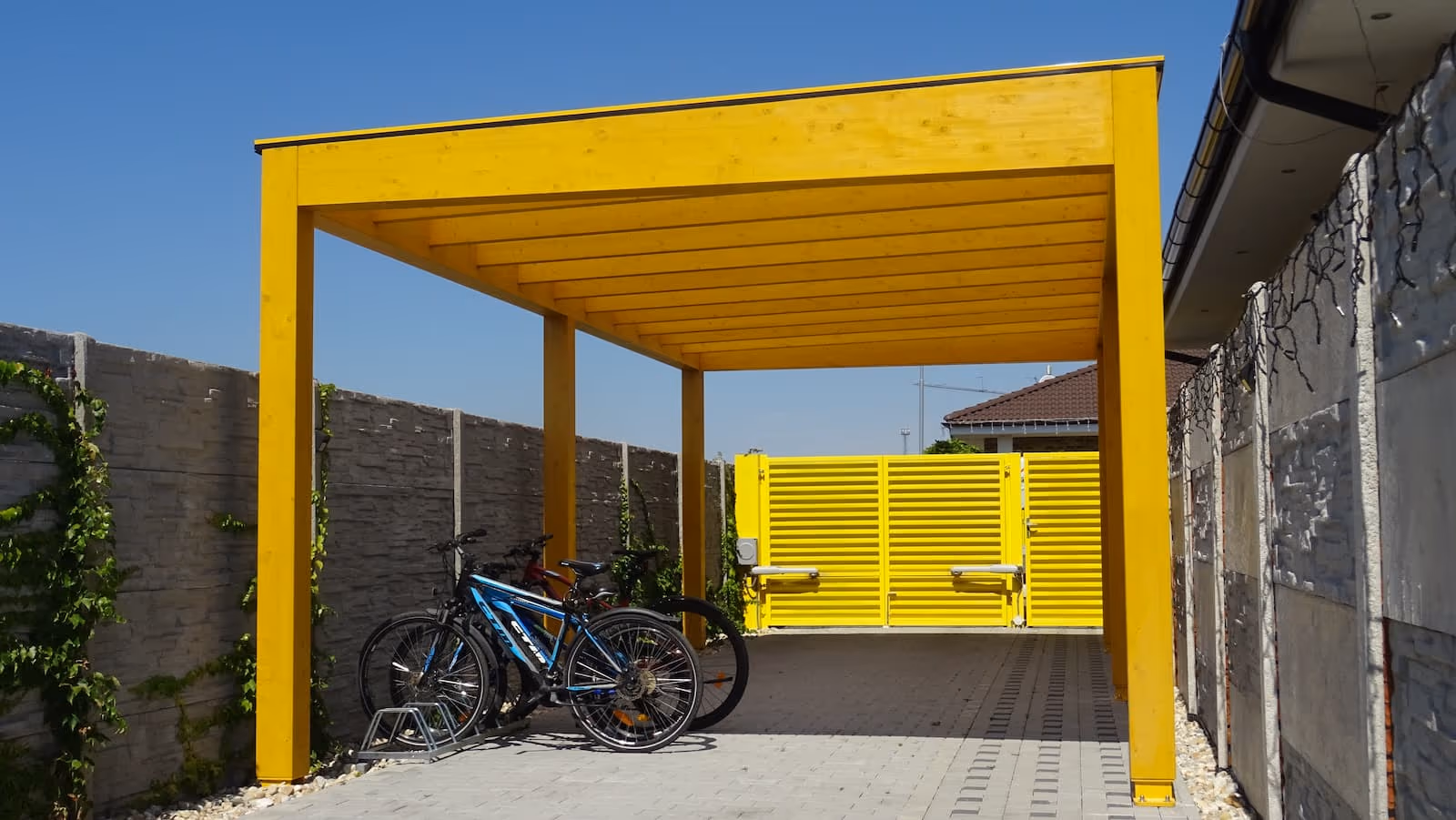 Yellow-stained Milano wooden pergola as a bold accent in the garden