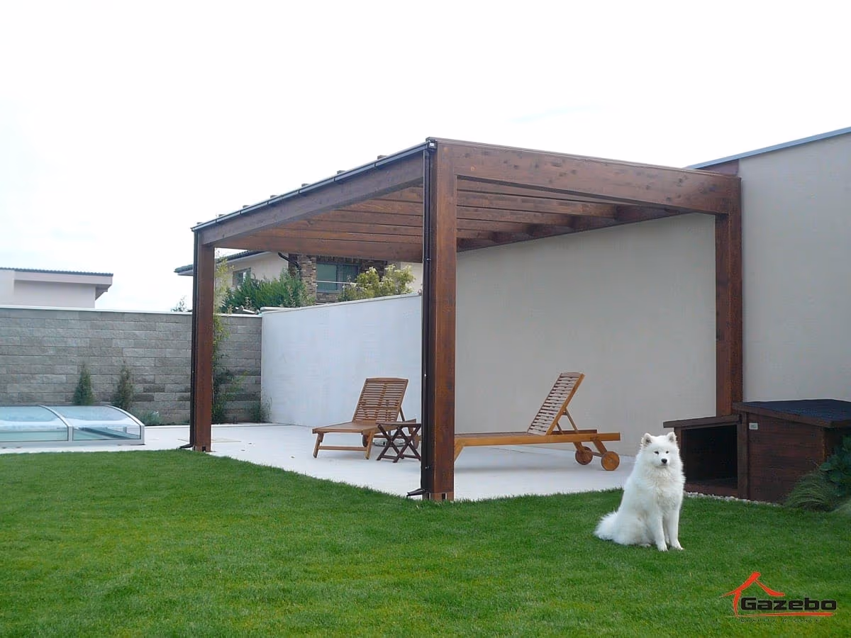 Milano wooden pergola with natural bamboo shading on a terrace