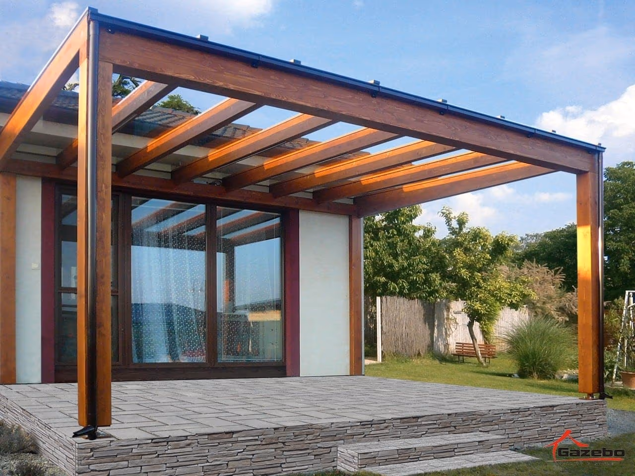 Milano wooden pergola with a minimal roof pitch over the seating area