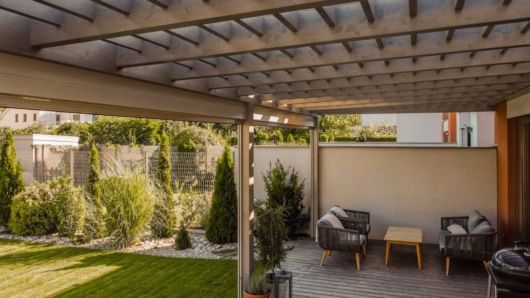 Sun-shading louvres of the Santorini wooden pergola from a bird's-eye view