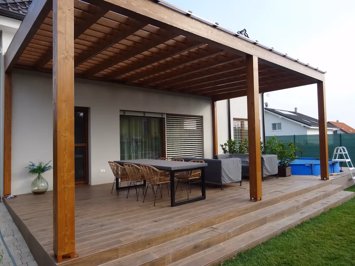 Cosy seating under the Santorini wooden pergola on a terrace