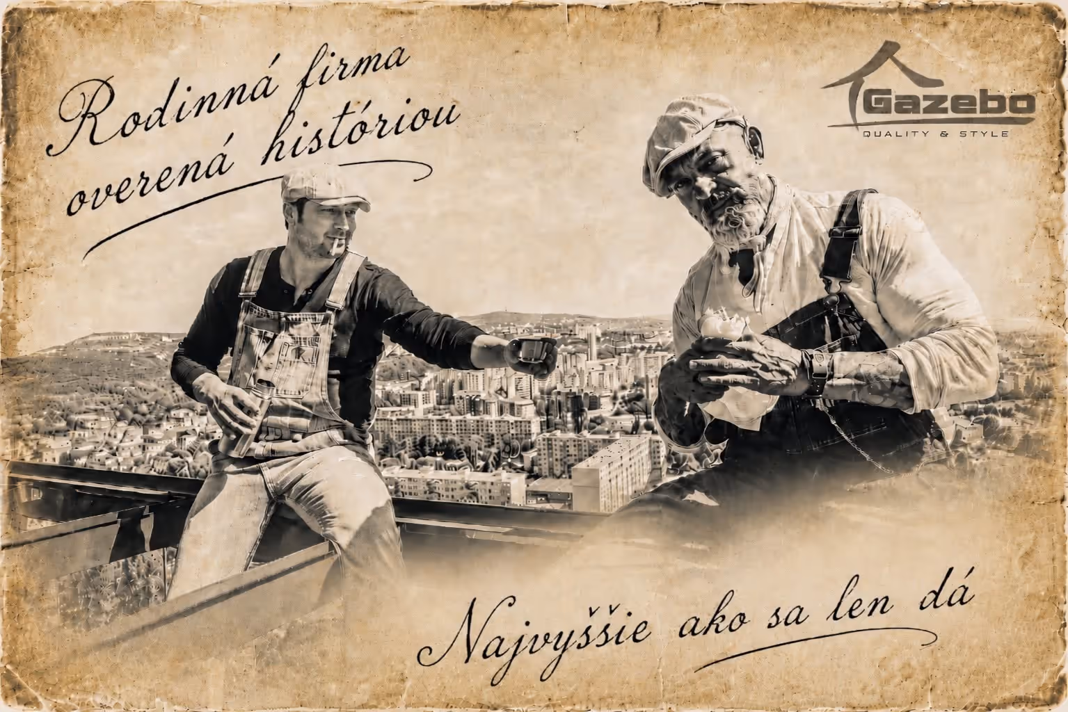 Two Gazebo craftsmen in overalls sitting on a steel beam high above the city — a vintage sepia photograph of a family firm with a proven history